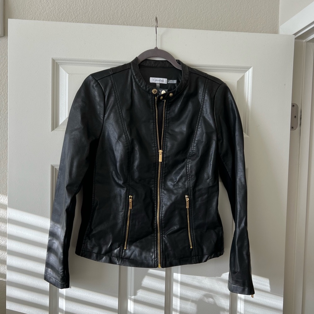 Calvin Klein Black Leather Jacket with Gold Accents